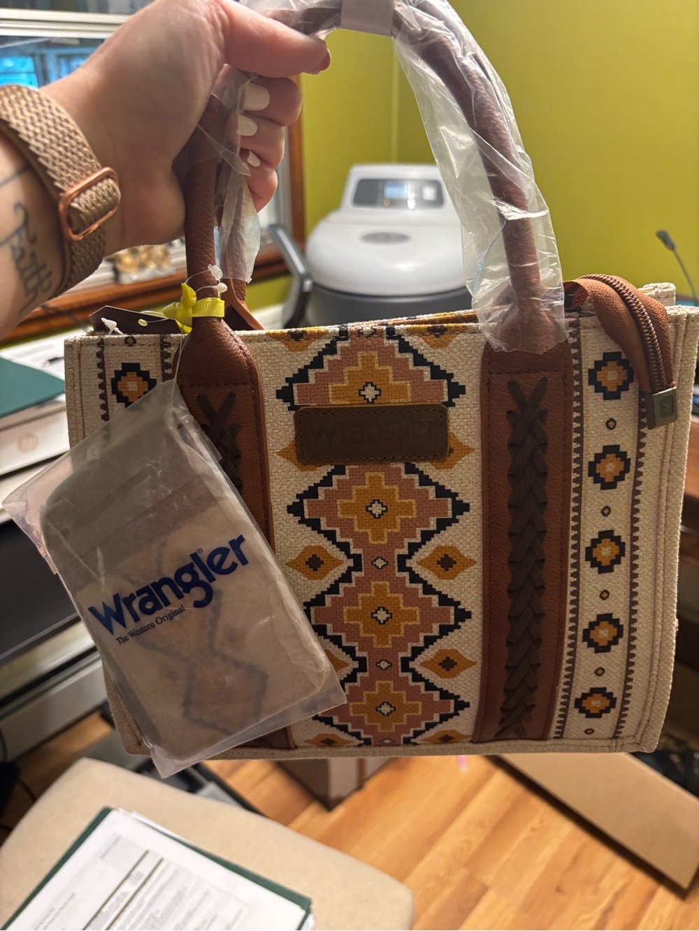 NWT Wrangler Tan & Yellow Patterned Satchel with Brown Trim